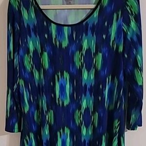 Vibrant Blue And Green Peter Nygard Womens Top With 3/4 Sleeves Size M